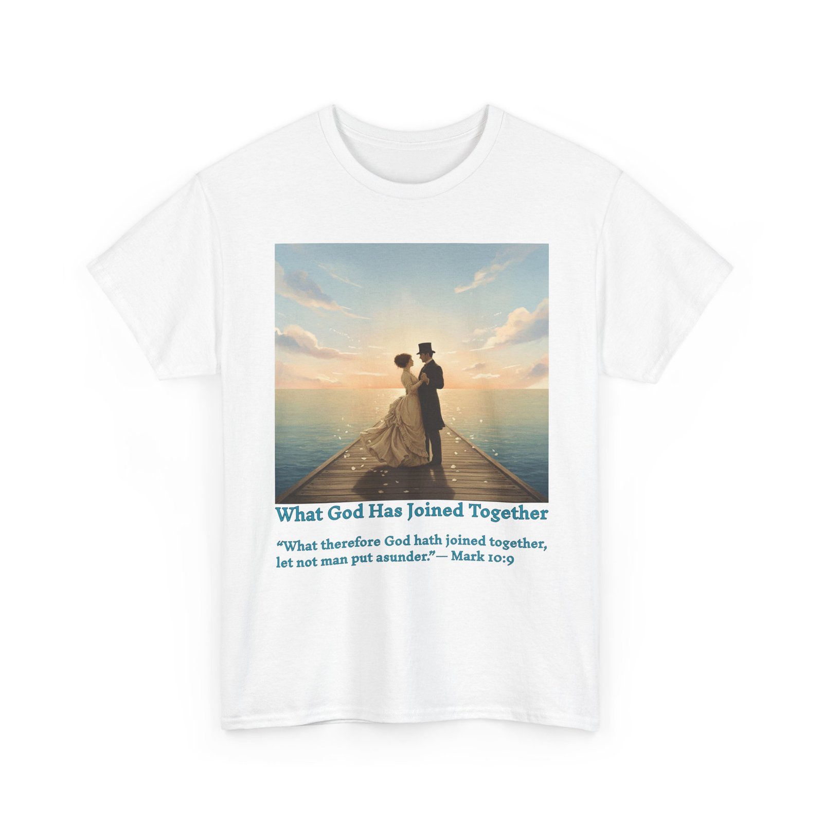 romantic couple on a pier at sunset wedding quote t shirt, unisex heavy cotton tee, casual wear, gift for newlyweds, bride & groom apparel, anniversary gift