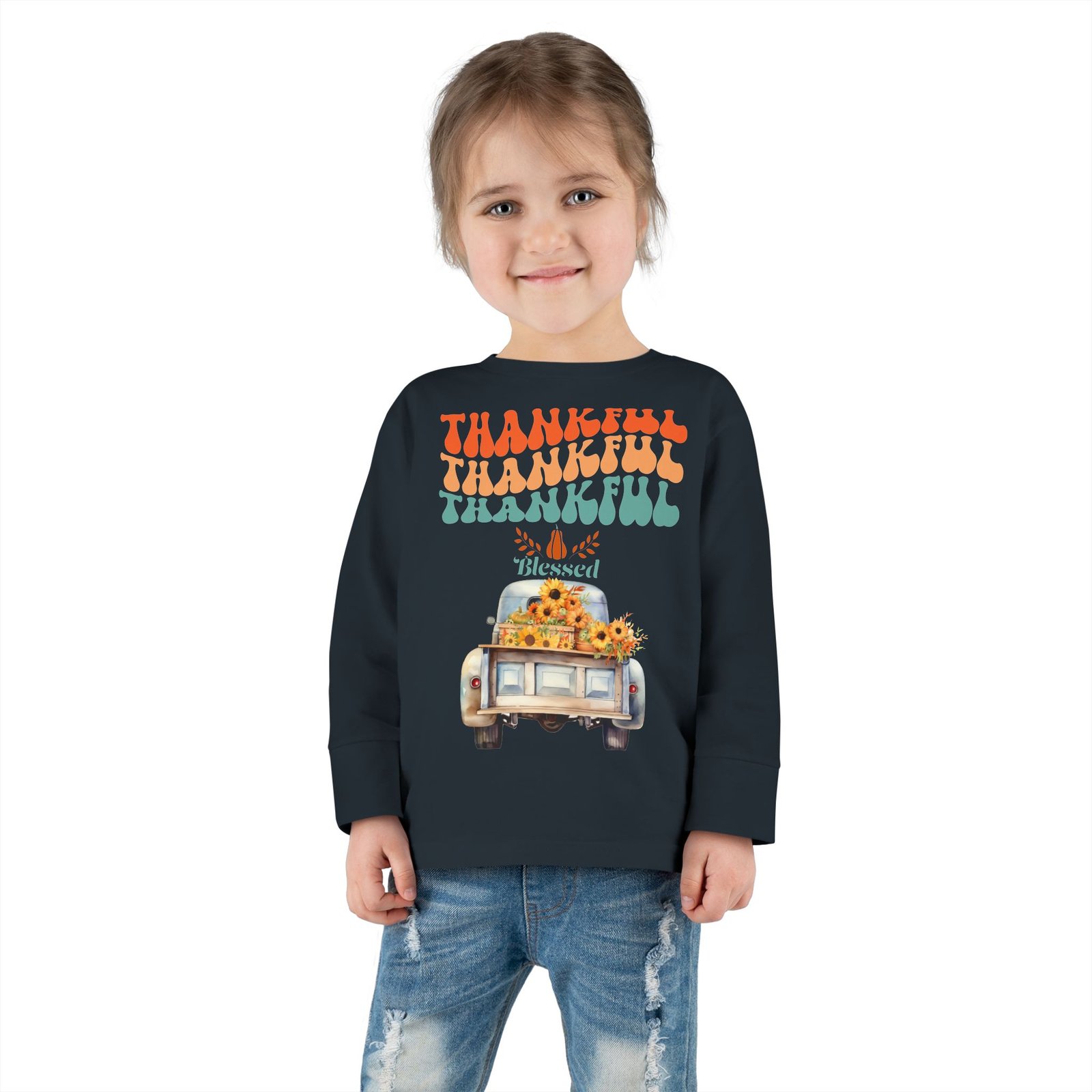 thankful toddler long sleeve tee perfect for fall celebrations, family gatherings, thanksgiving, everyday wear, gifts