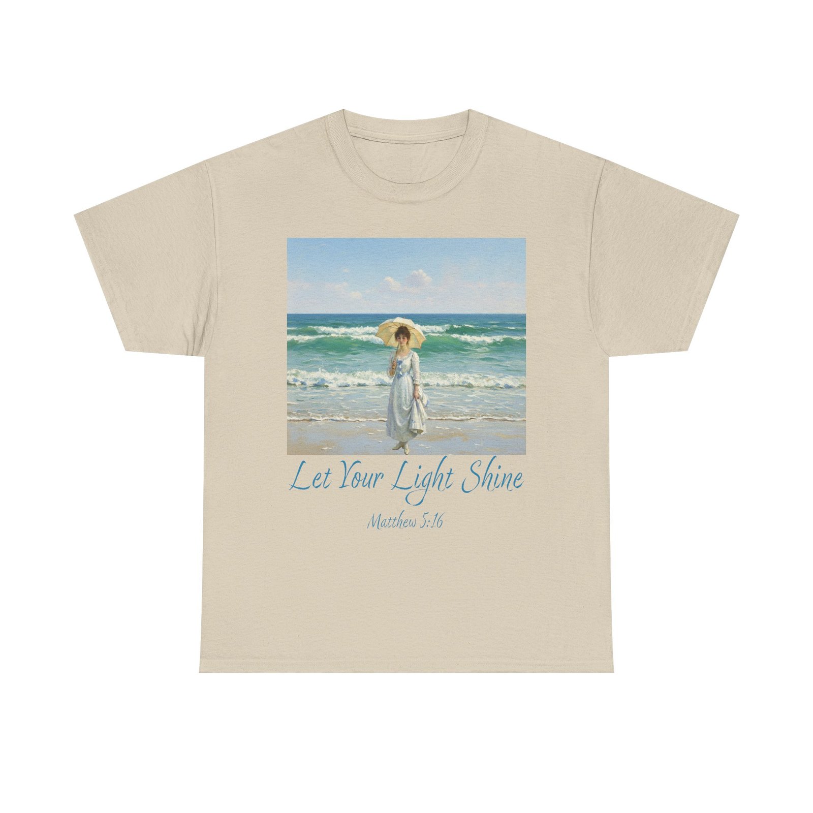 let your light shine christian tee – impressionist style parasol figure, unisex cotton shirt, inspirational beach vibes top, summer casual gift for her