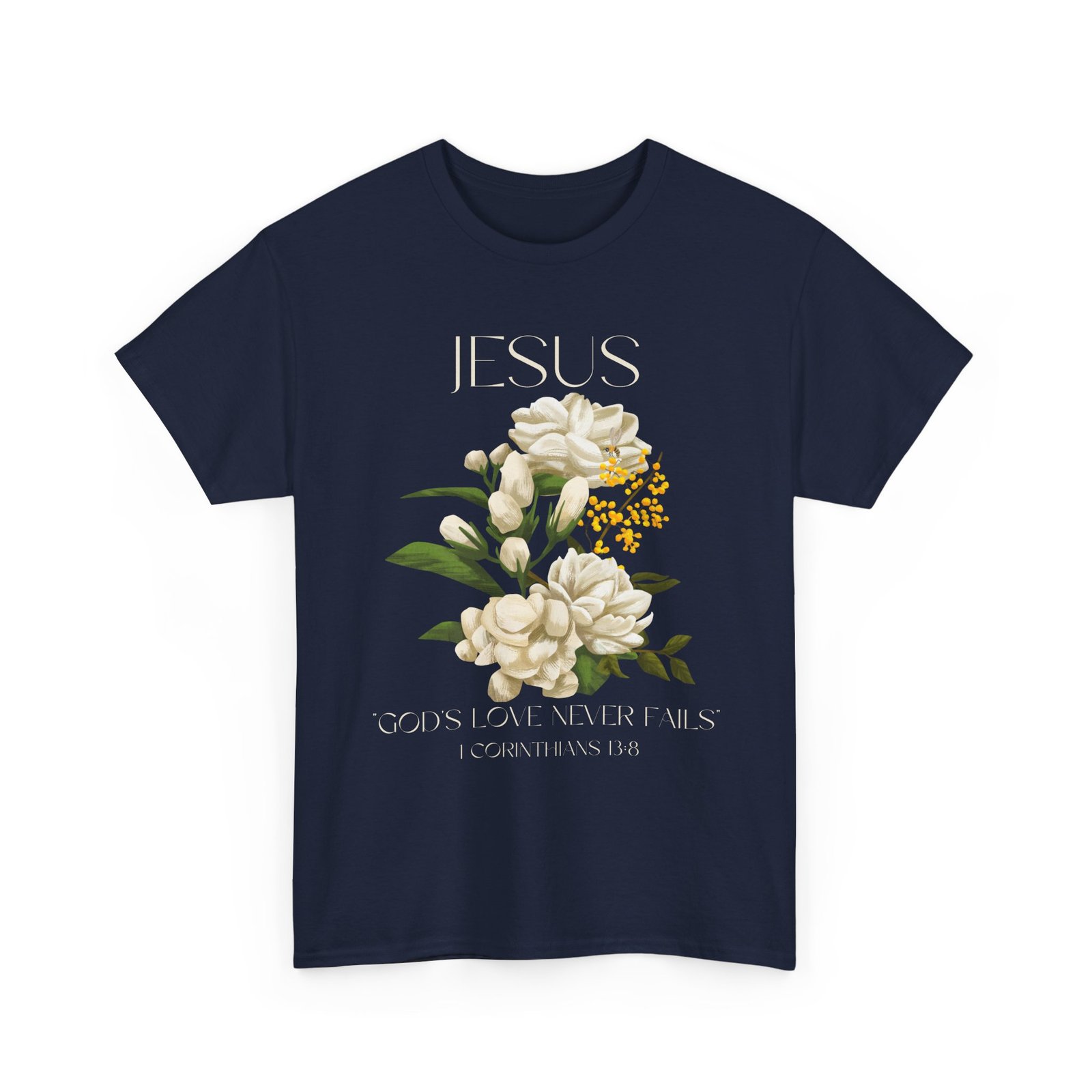 floral jesus god's love never fails graphic tee | unisex cotton t shirt for faith & inspiration, ideal for gifts, casual wear, church events, and celebrations