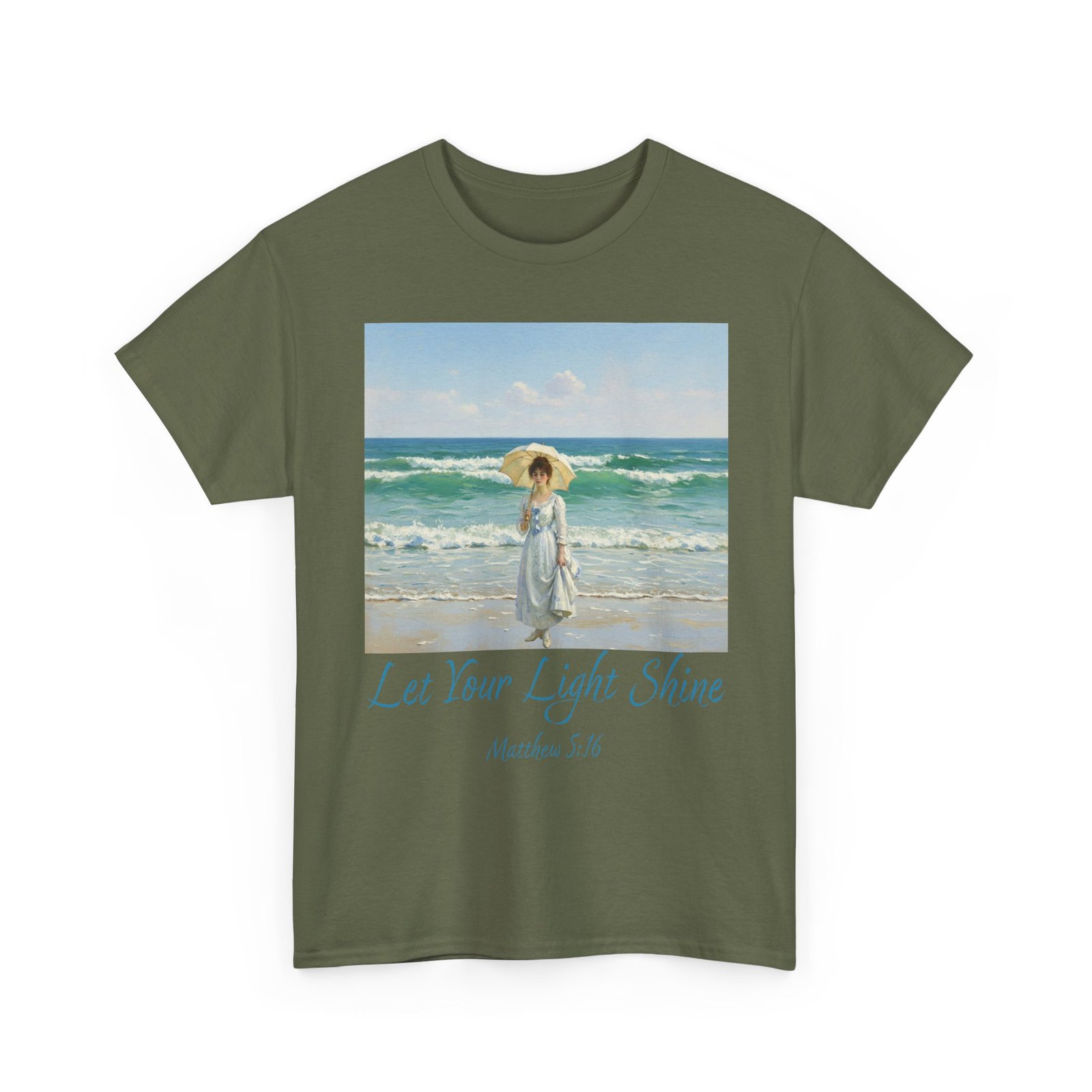 let your light shine christian tee – impressionist style parasol figure, unisex cotton shirt, inspirational beach vibes top, summer casual gift for her
