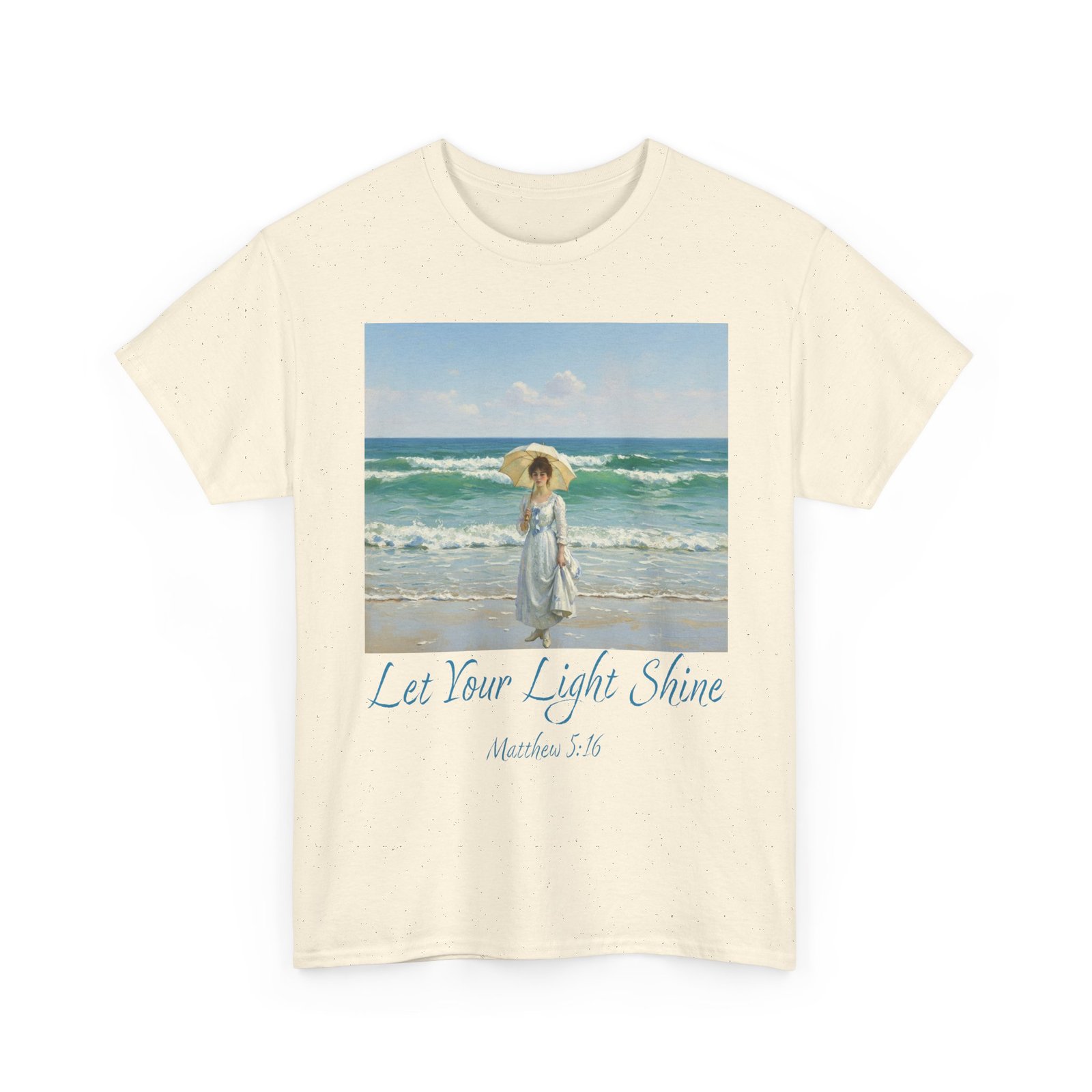 let your light shine christian tee – impressionist style parasol figure, unisex cotton shirt, inspirational beach vibes top, summer casual gift for her