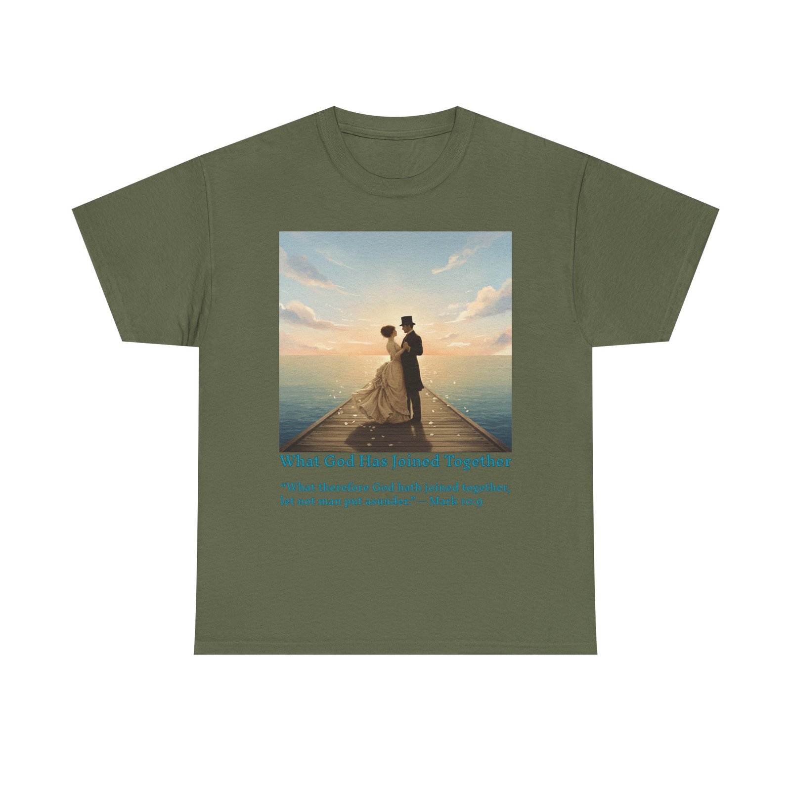 romantic couple on a pier at sunset wedding quote t shirt, unisex heavy cotton tee, casual wear, gift for newlyweds, bride & groom apparel, anniversary gift