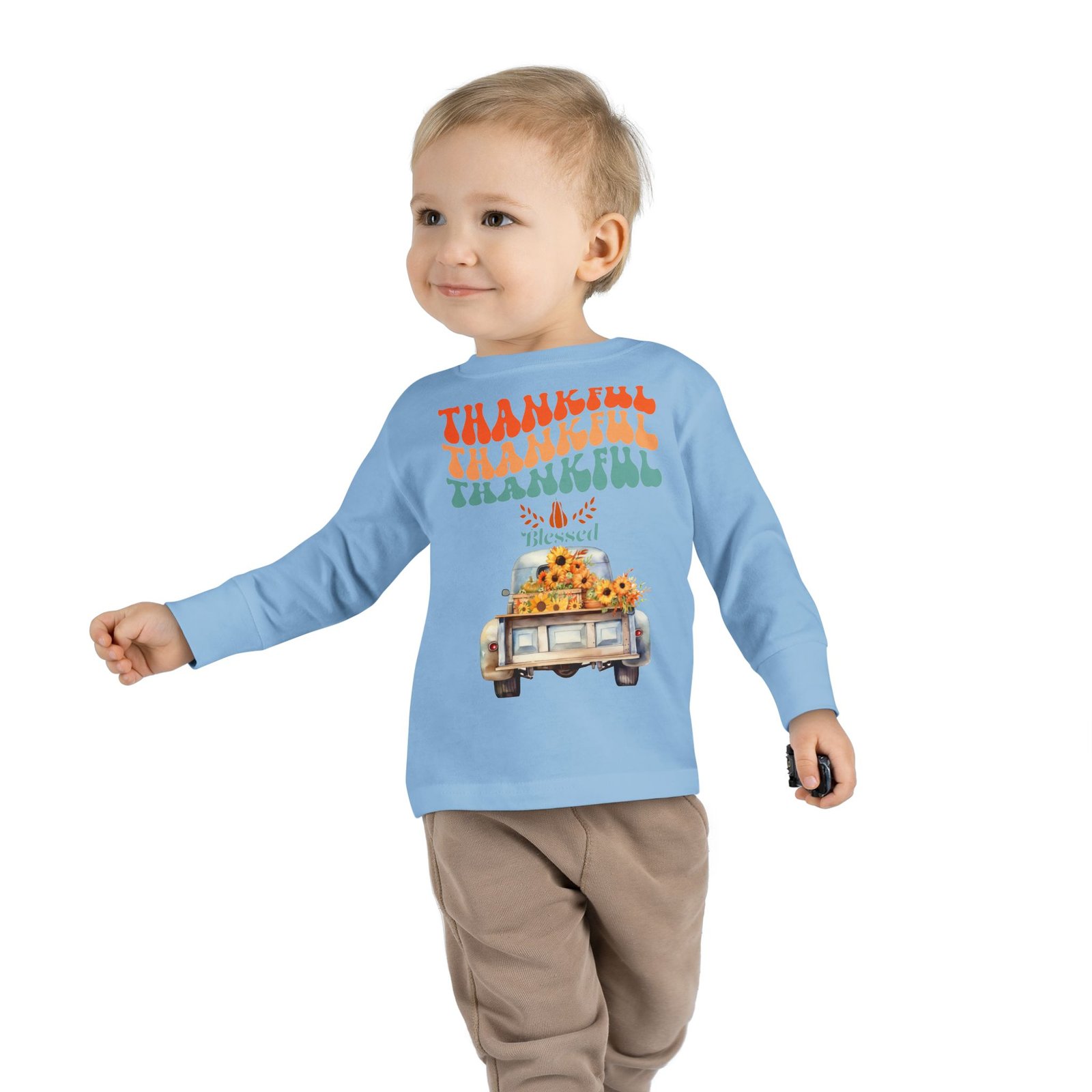 thankful toddler long sleeve tee perfect for fall celebrations, family gatherings, thanksgiving, everyday wear, gifts