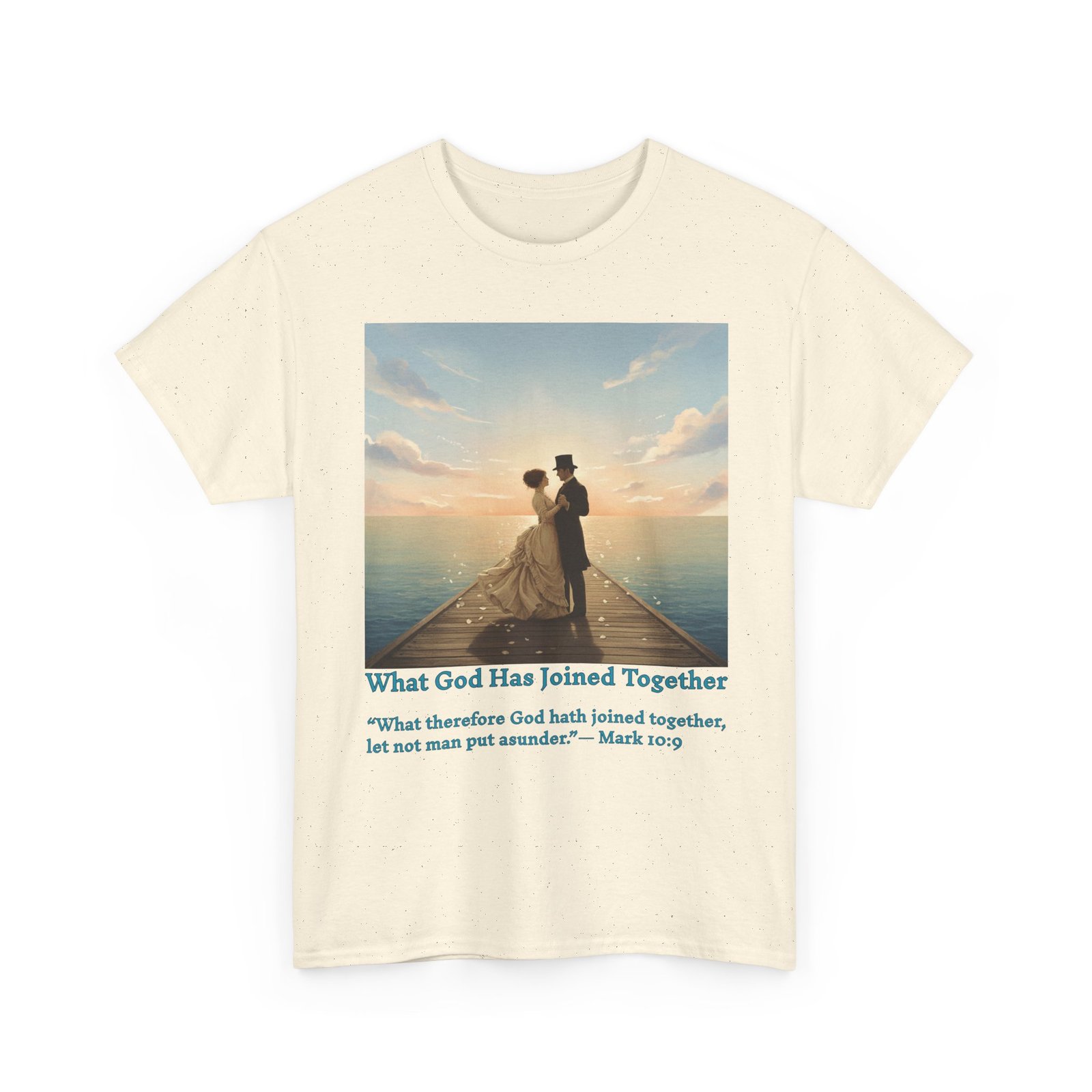 romantic couple on a pier at sunset wedding quote t shirt, unisex heavy cotton tee, casual wear, gift for newlyweds, bride & groom apparel, anniversary gift