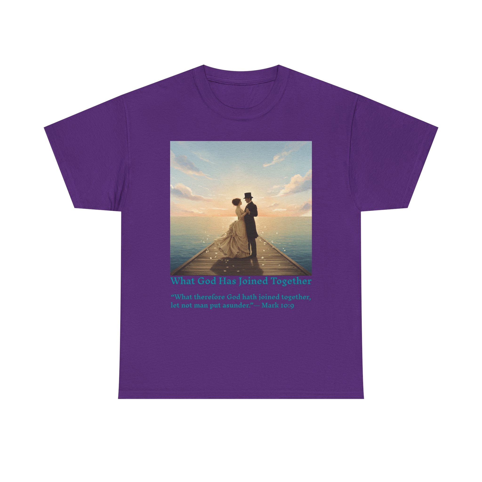 romantic couple on a pier at sunset wedding quote t shirt, unisex heavy cotton tee, casual wear, gift for newlyweds, bride & groom apparel, anniversary gift