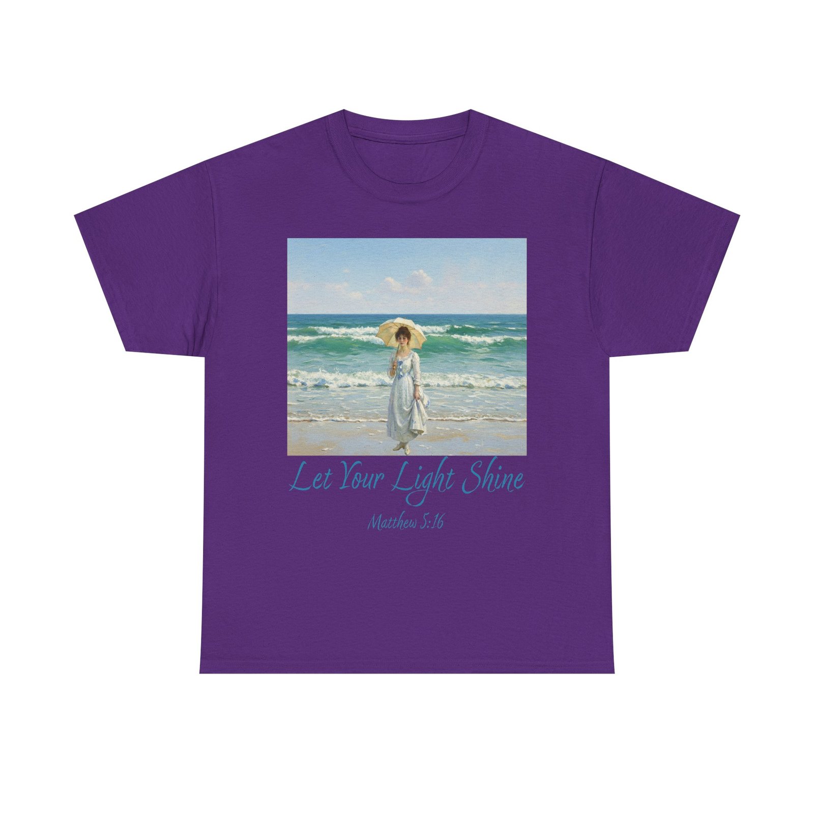 let your light shine christian tee – impressionist style parasol figure, unisex cotton shirt, inspirational beach vibes top, summer casual gift for her