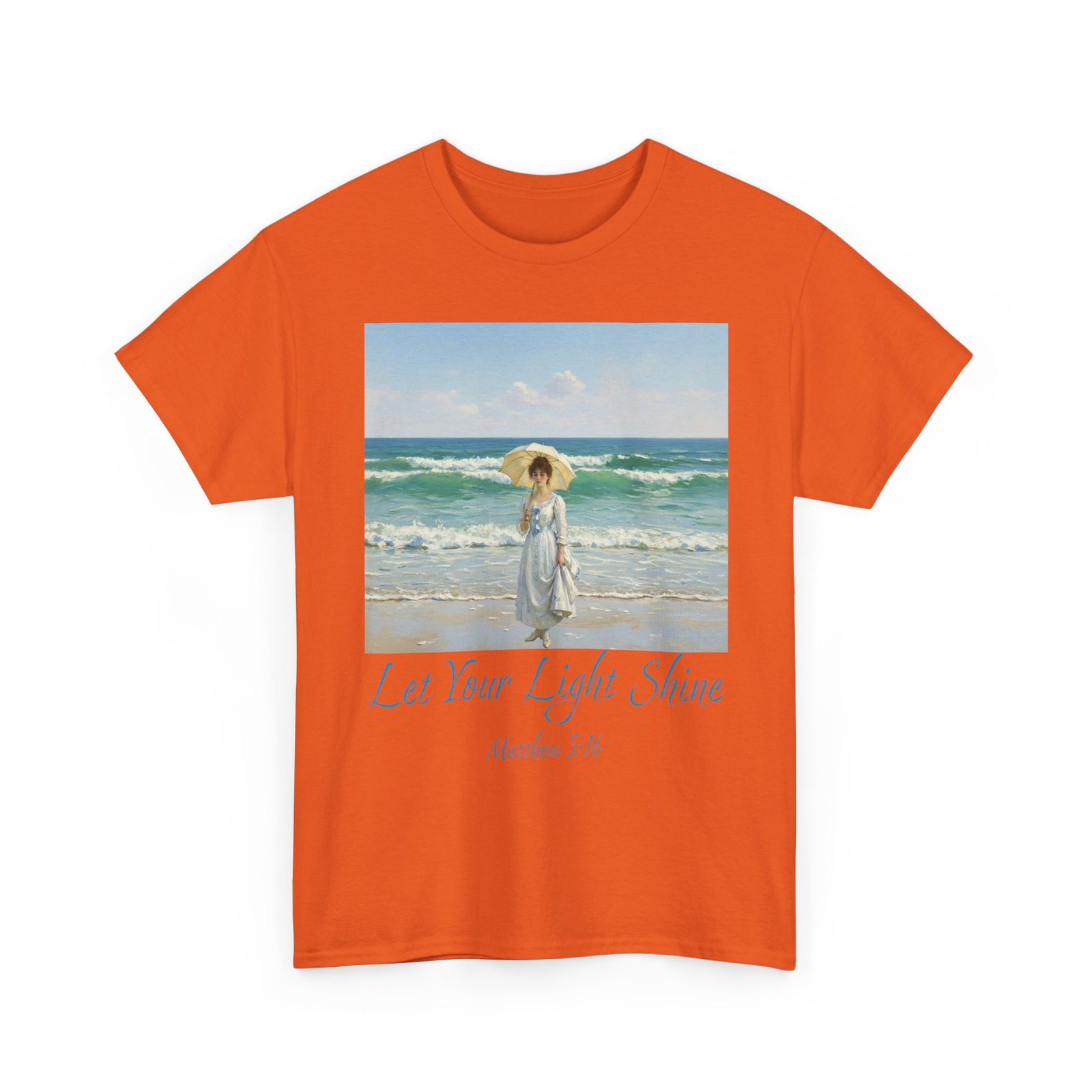 let your light shine christian tee – impressionist style parasol figure, unisex cotton shirt, inspirational beach vibes top, summer casual gift for her