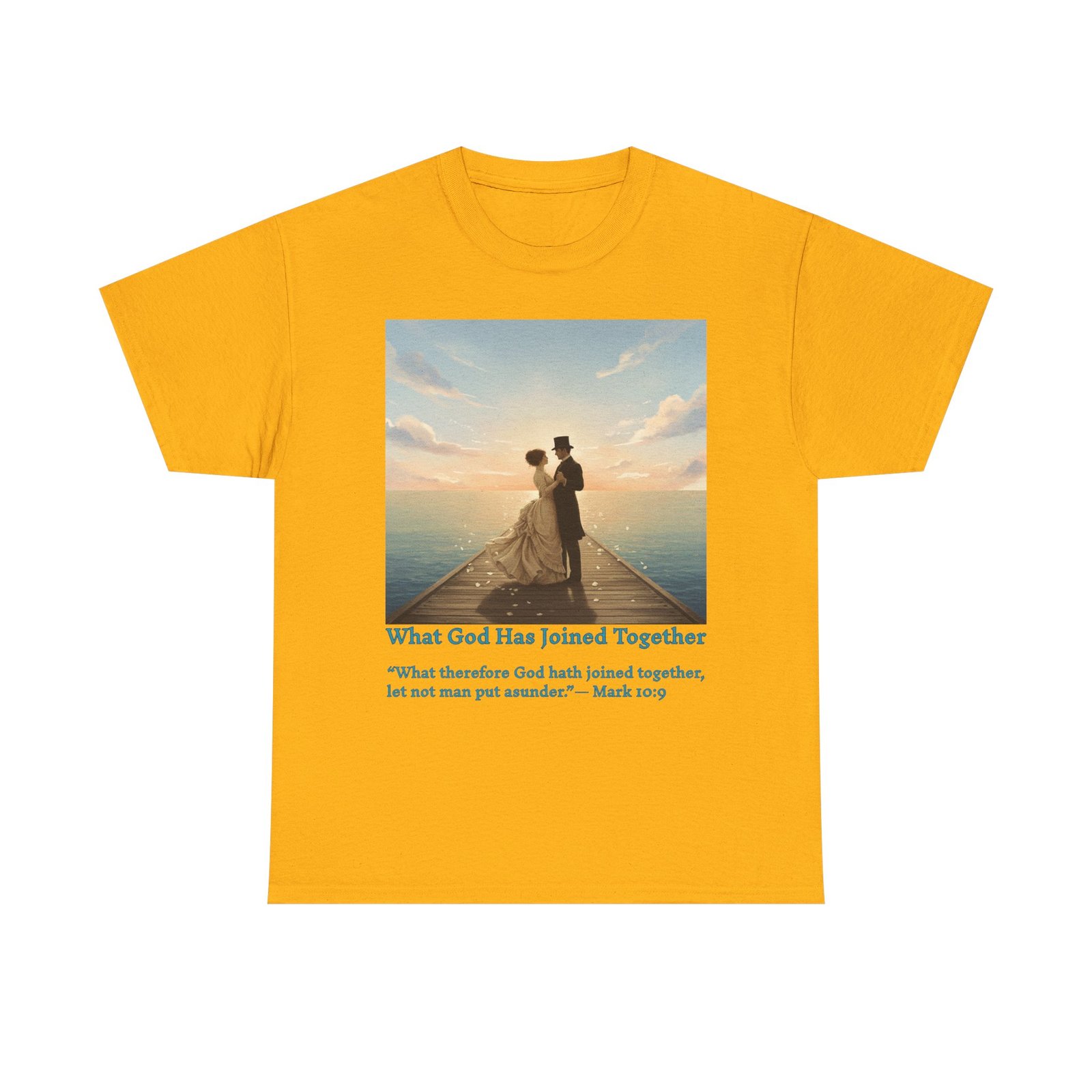 romantic couple on a pier at sunset wedding quote t shirt, unisex heavy cotton tee, casual wear, gift for newlyweds, bride & groom apparel, anniversary gift