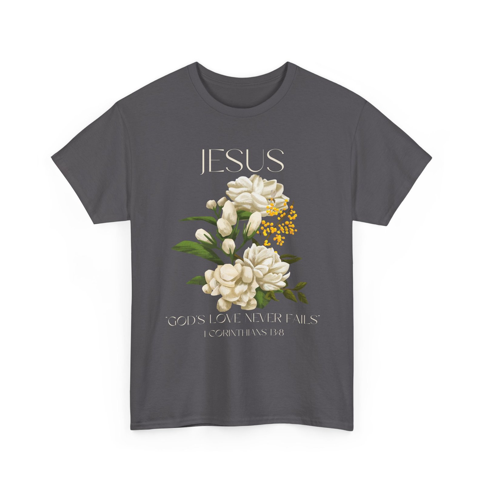 floral jesus god's love never fails graphic tee | unisex cotton t shirt for faith & inspiration, ideal for gifts, casual wear, church events, and celebrations