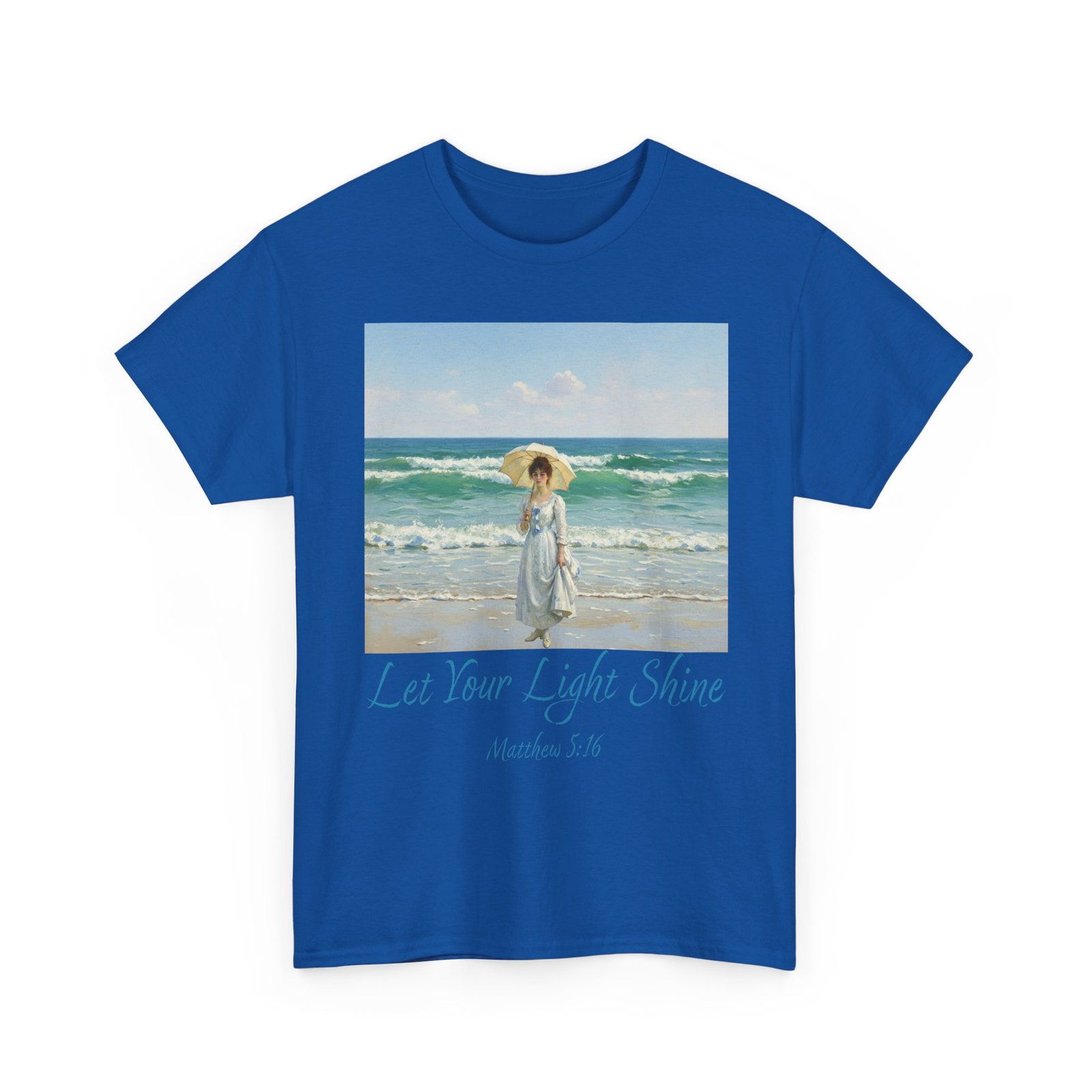 let your light shine christian tee – impressionist style parasol figure, unisex cotton shirt, inspirational beach vibes top, summer casual gift for her