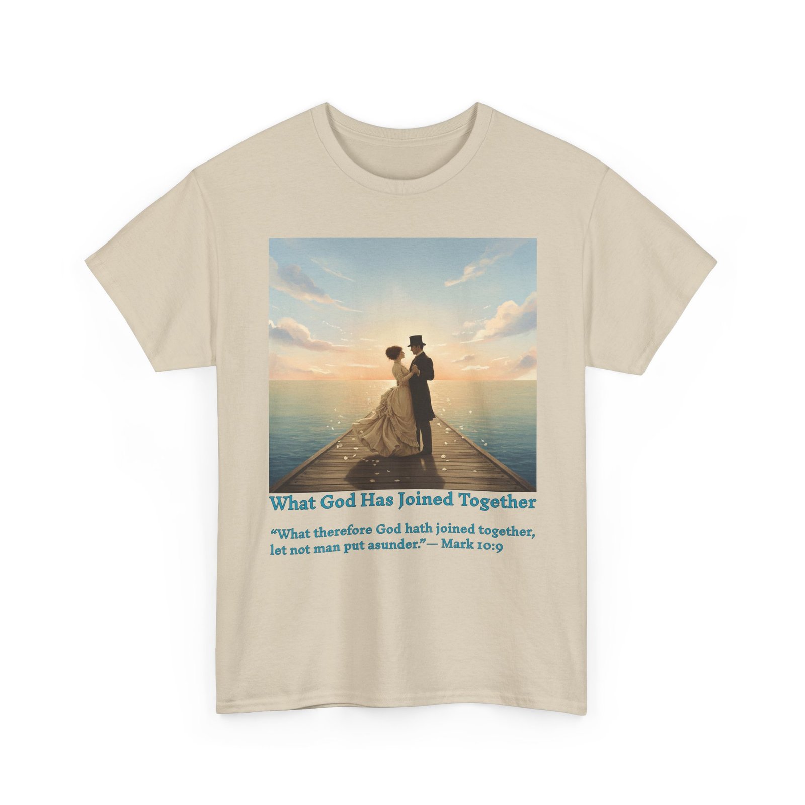 romantic couple on a pier at sunset wedding quote t shirt, unisex heavy cotton tee, casual wear, gift for newlyweds, bride & groom apparel, anniversary gift