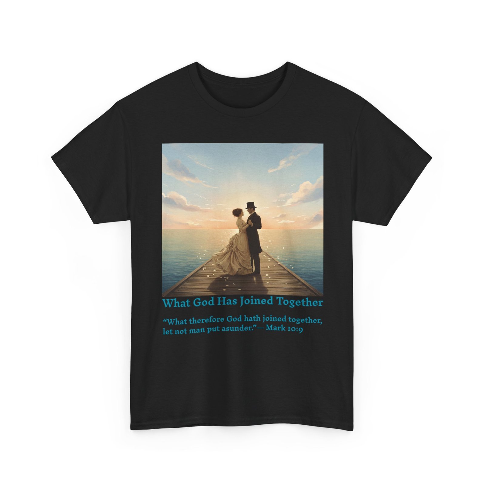 romantic couple on a pier at sunset wedding quote t shirt, unisex heavy cotton tee, casual wear, gift for newlyweds, bride & groom apparel, anniversary gift