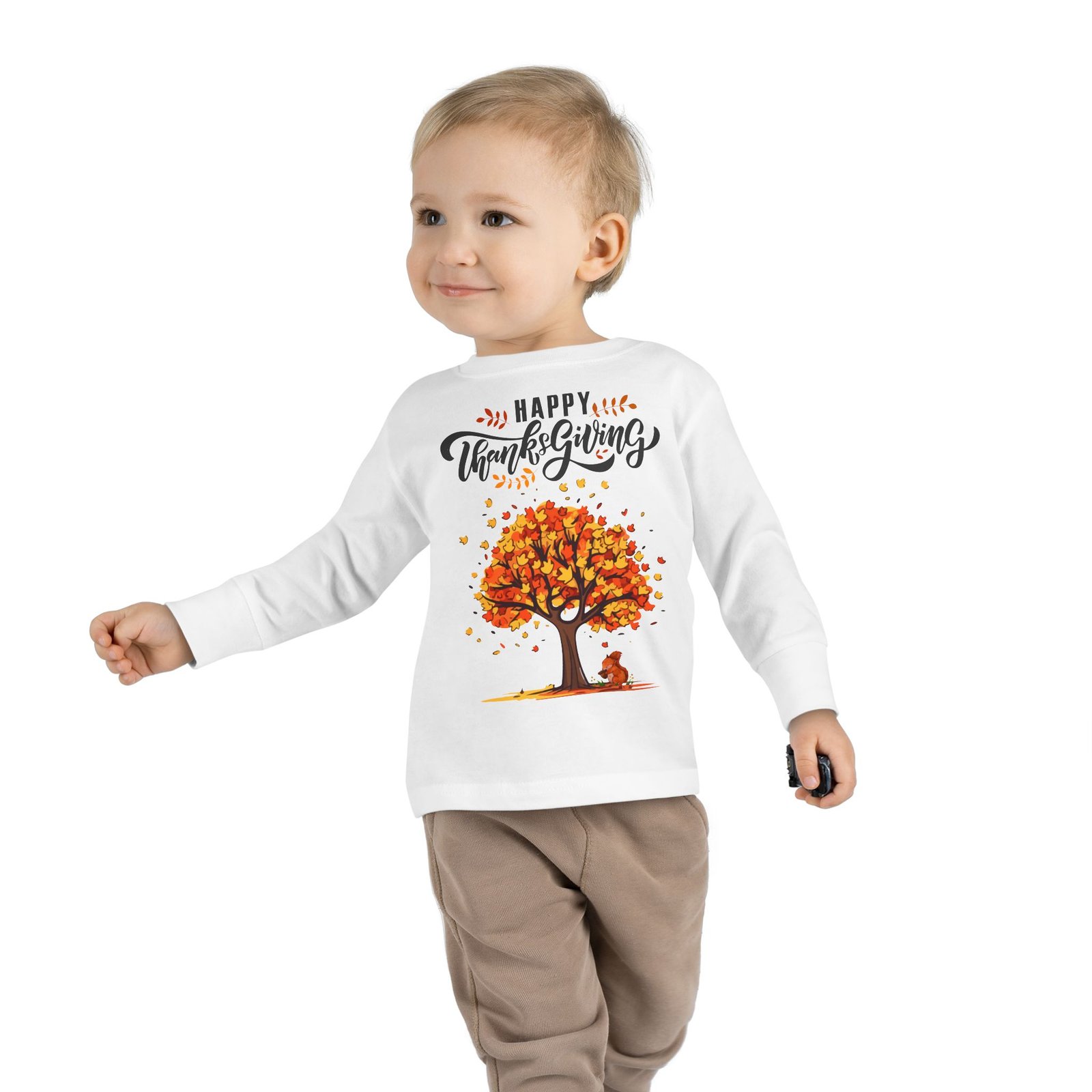 thanksgiving toddler long sleeve tee, cute fall outfit for kids, autumn tree design, holiday apparel, family gathering wear