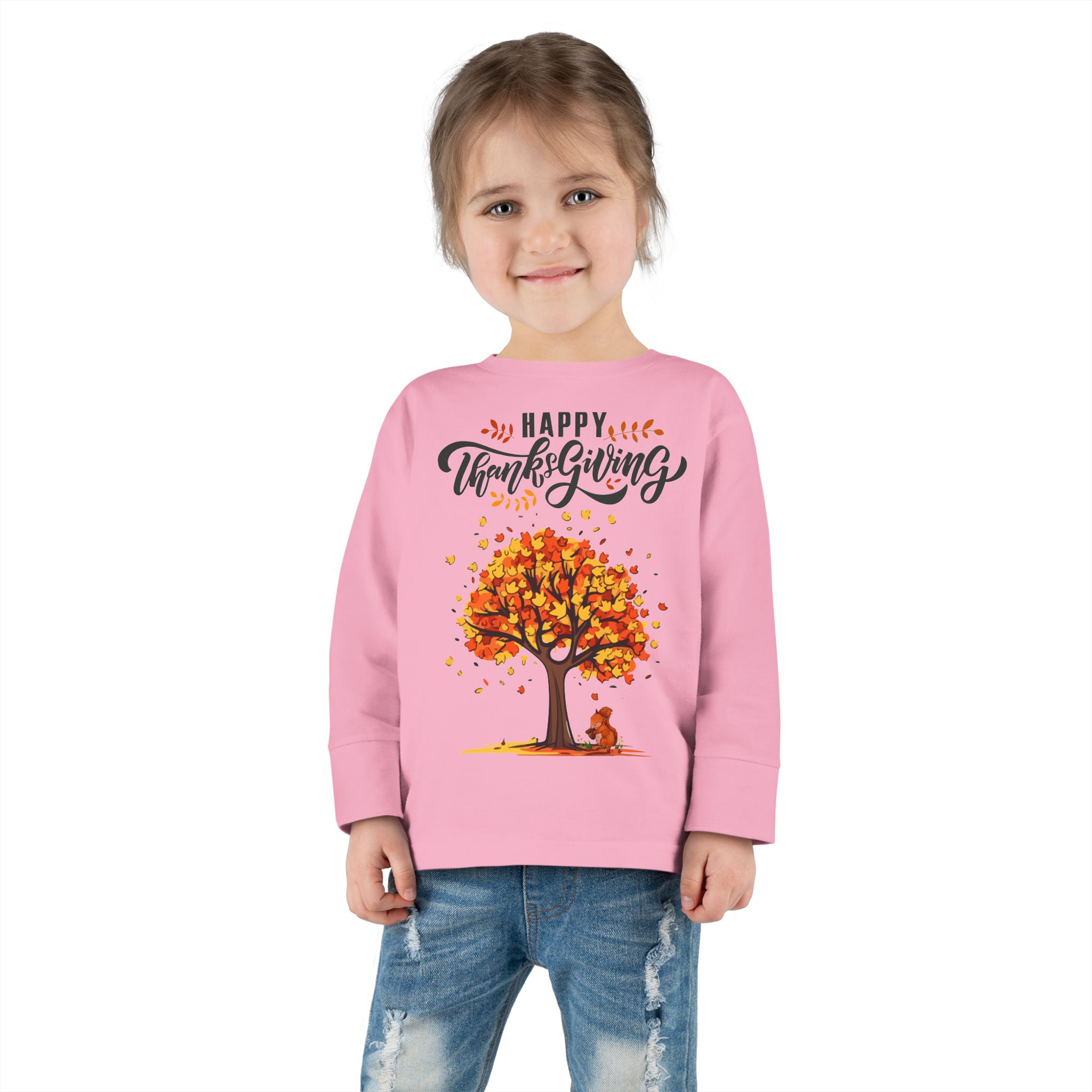 thanksgiving toddler long sleeve tee, cute fall outfit for kids, autumn tree design, holiday apparel, family gathering wear