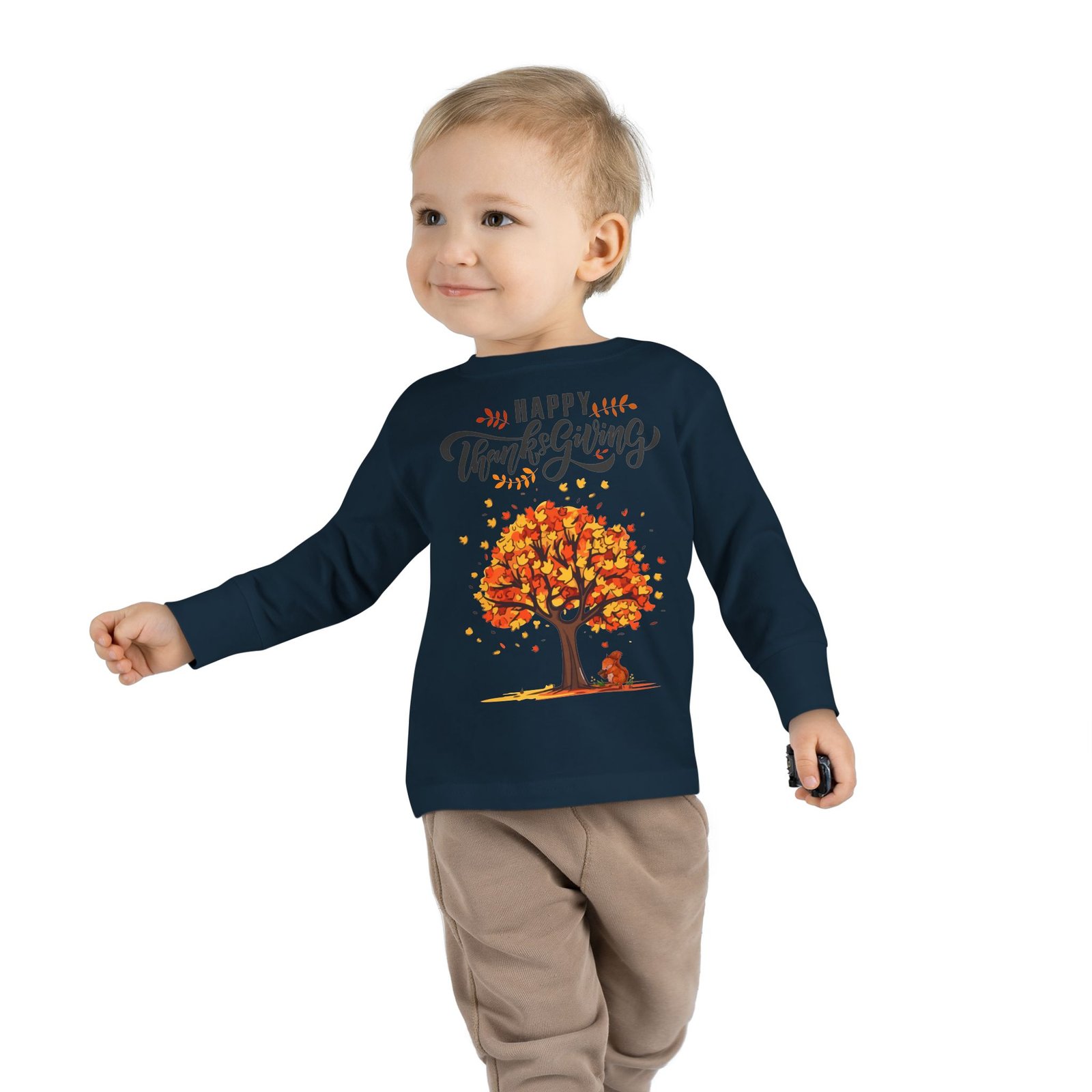 thanksgiving toddler long sleeve tee, cute fall outfit for kids, autumn tree design, holiday apparel, family gathering wear