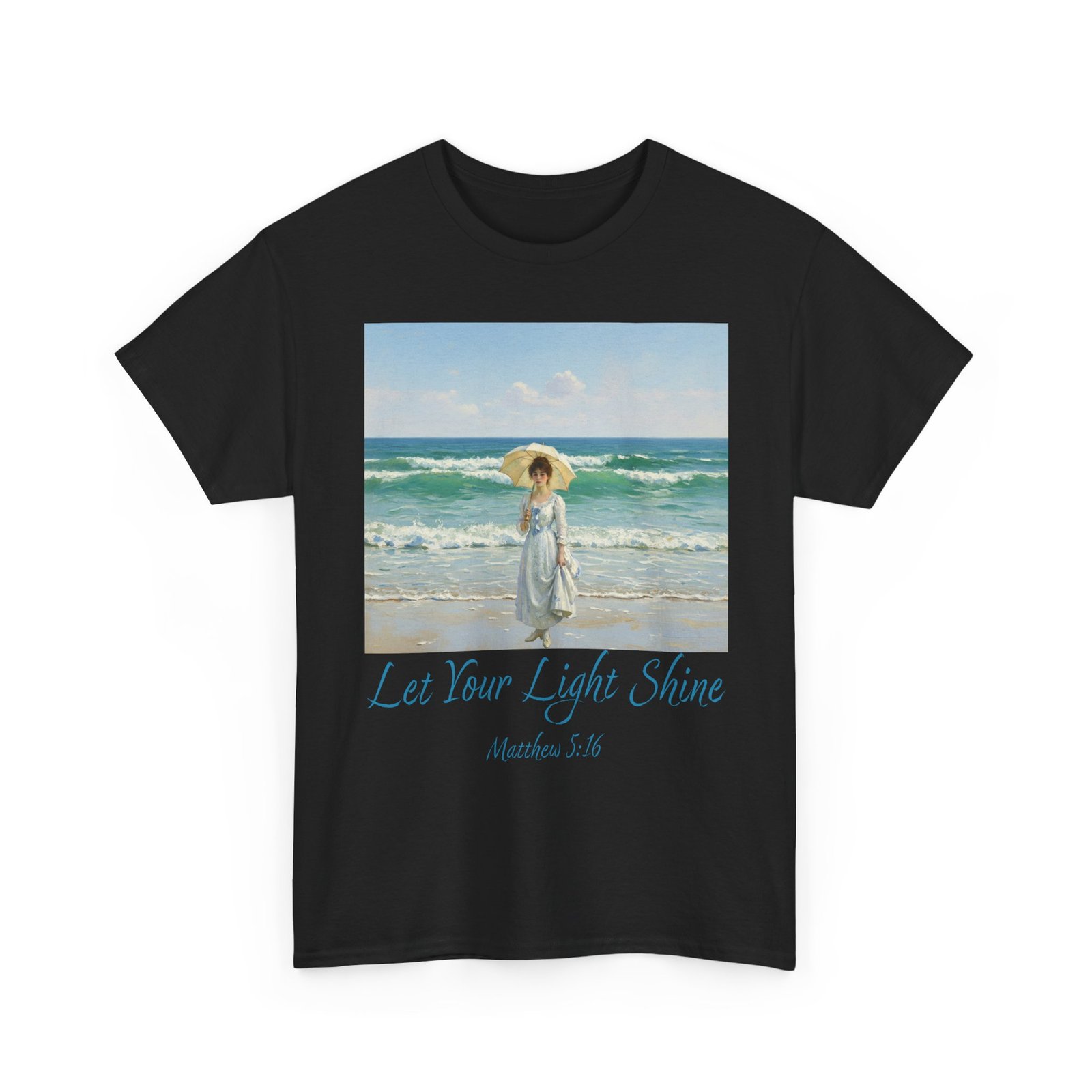 let your light shine christian tee – impressionist style parasol figure, unisex cotton shirt, inspirational beach vibes top, summer casual gift for her