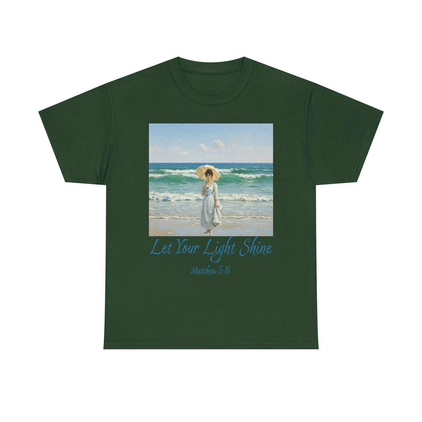 let your light shine christian tee – impressionist style parasol figure, unisex cotton shirt, inspirational beach vibes top, summer casual gift for her