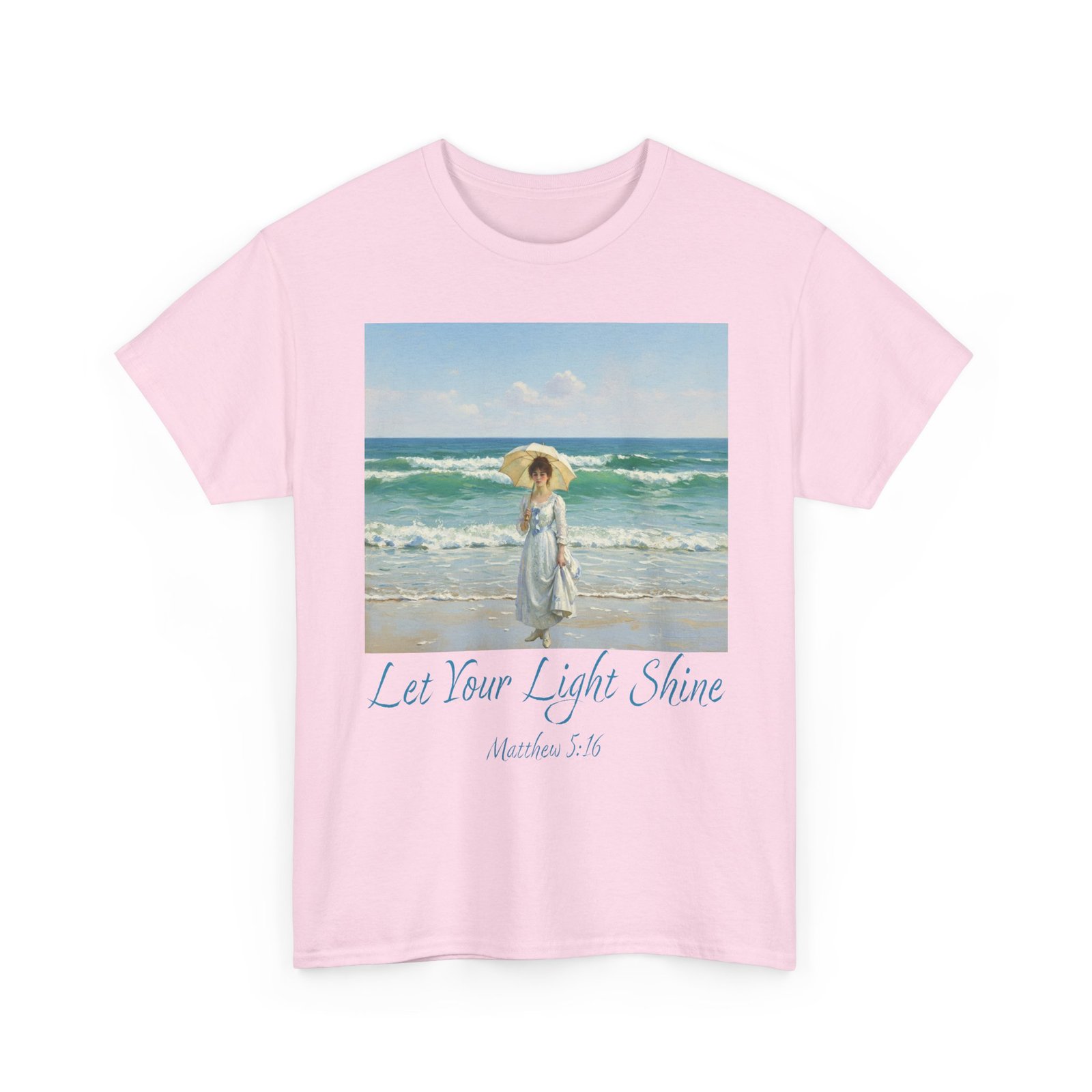 let your light shine christian tee – impressionist style parasol figure, unisex cotton shirt, inspirational beach vibes top, summer casual gift for her