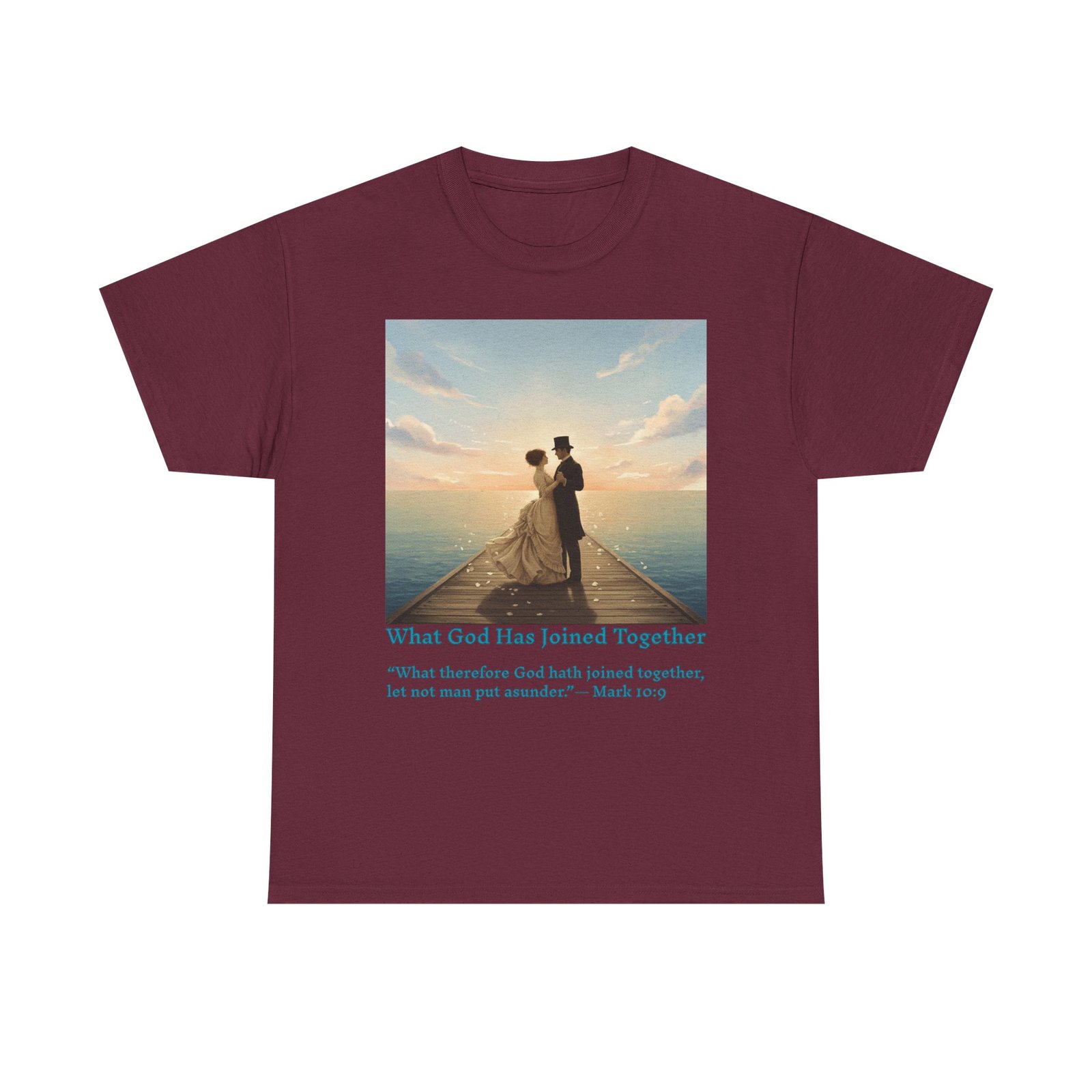 romantic couple on a pier at sunset wedding quote t shirt, unisex heavy cotton tee, casual wear, gift for newlyweds, bride & groom apparel, anniversary gift