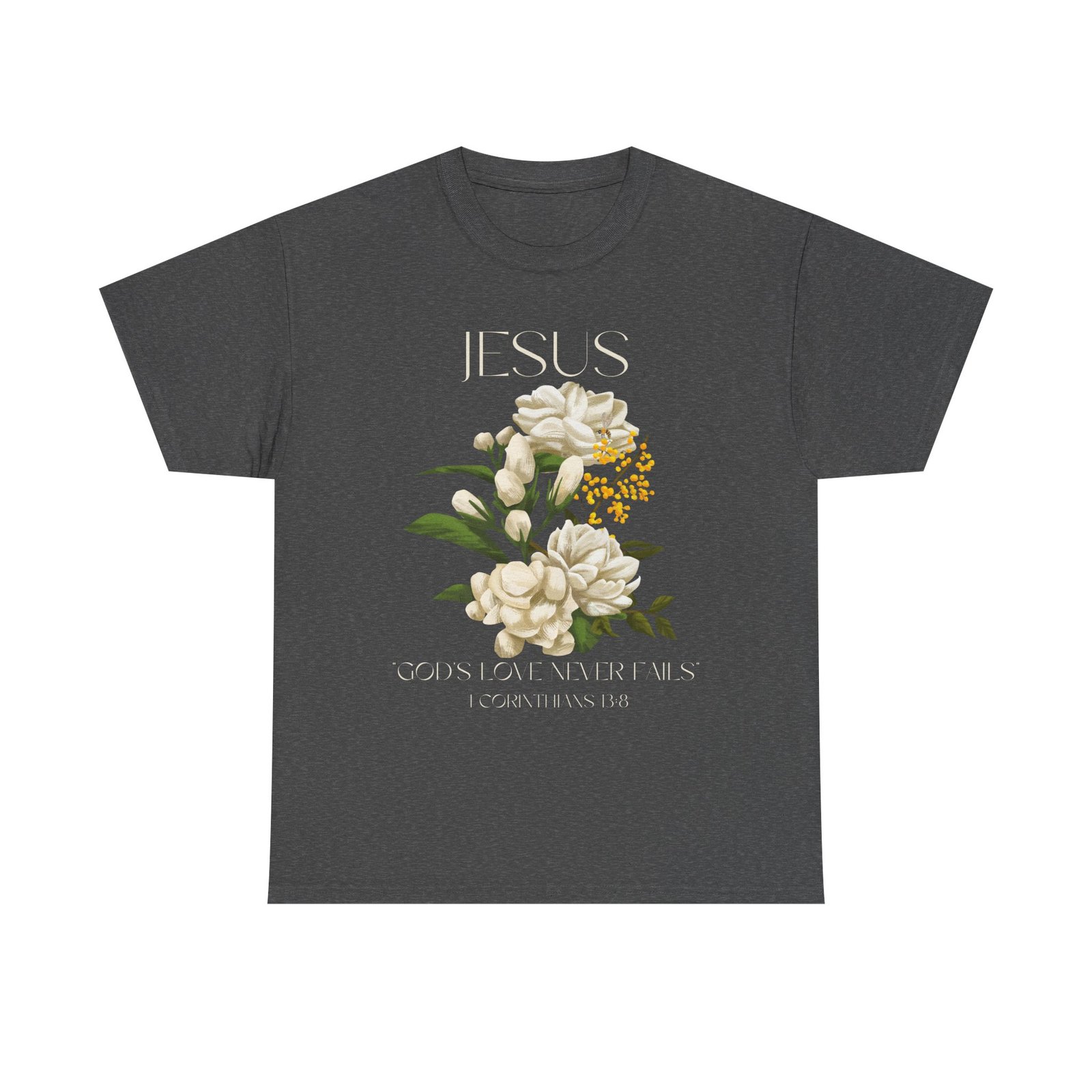 floral jesus god's love never fails graphic tee | unisex cotton t shirt for faith & inspiration, ideal for gifts, casual wear, church events, and celebrations