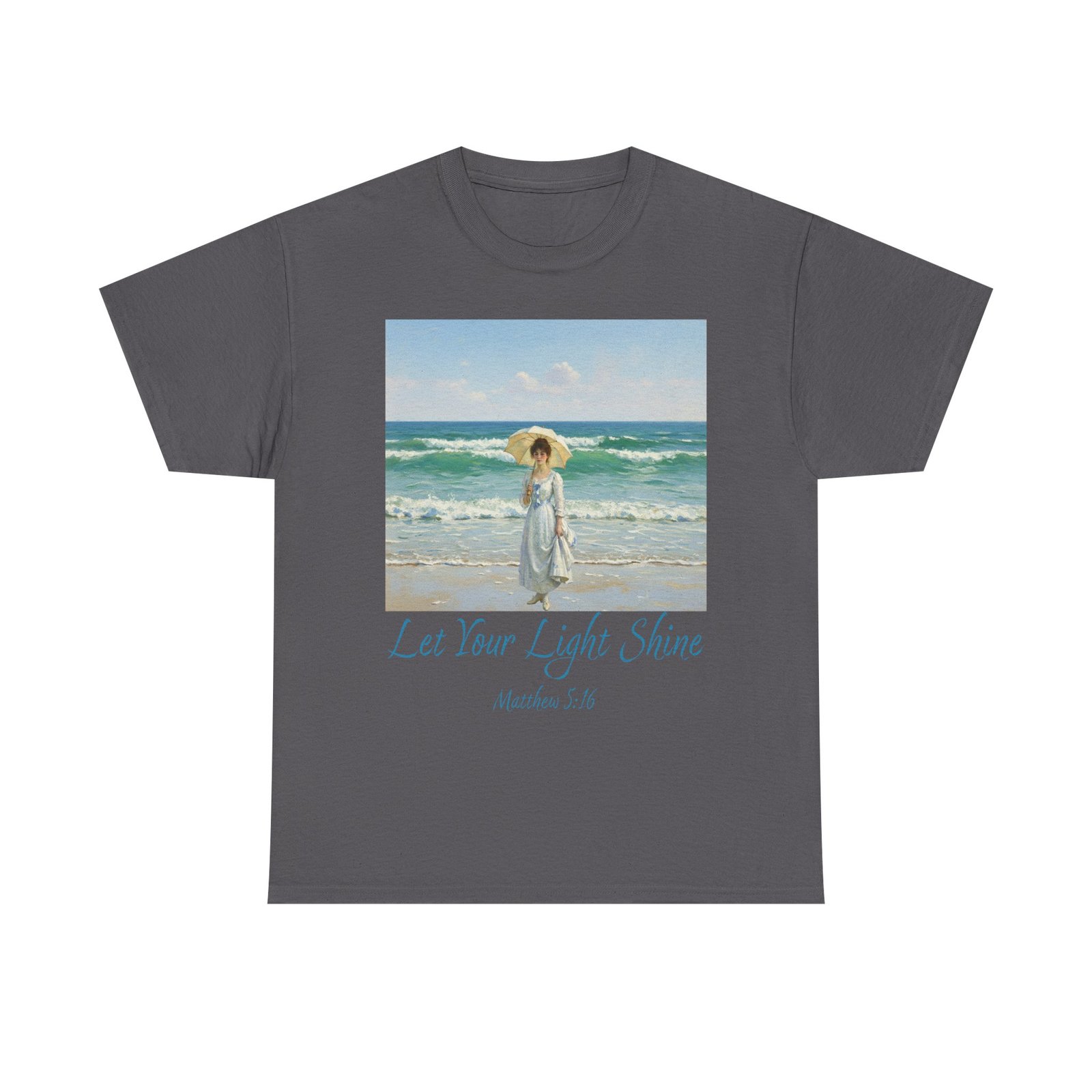 let your light shine christian tee – impressionist style parasol figure, unisex cotton shirt, inspirational beach vibes top, summer casual gift for her