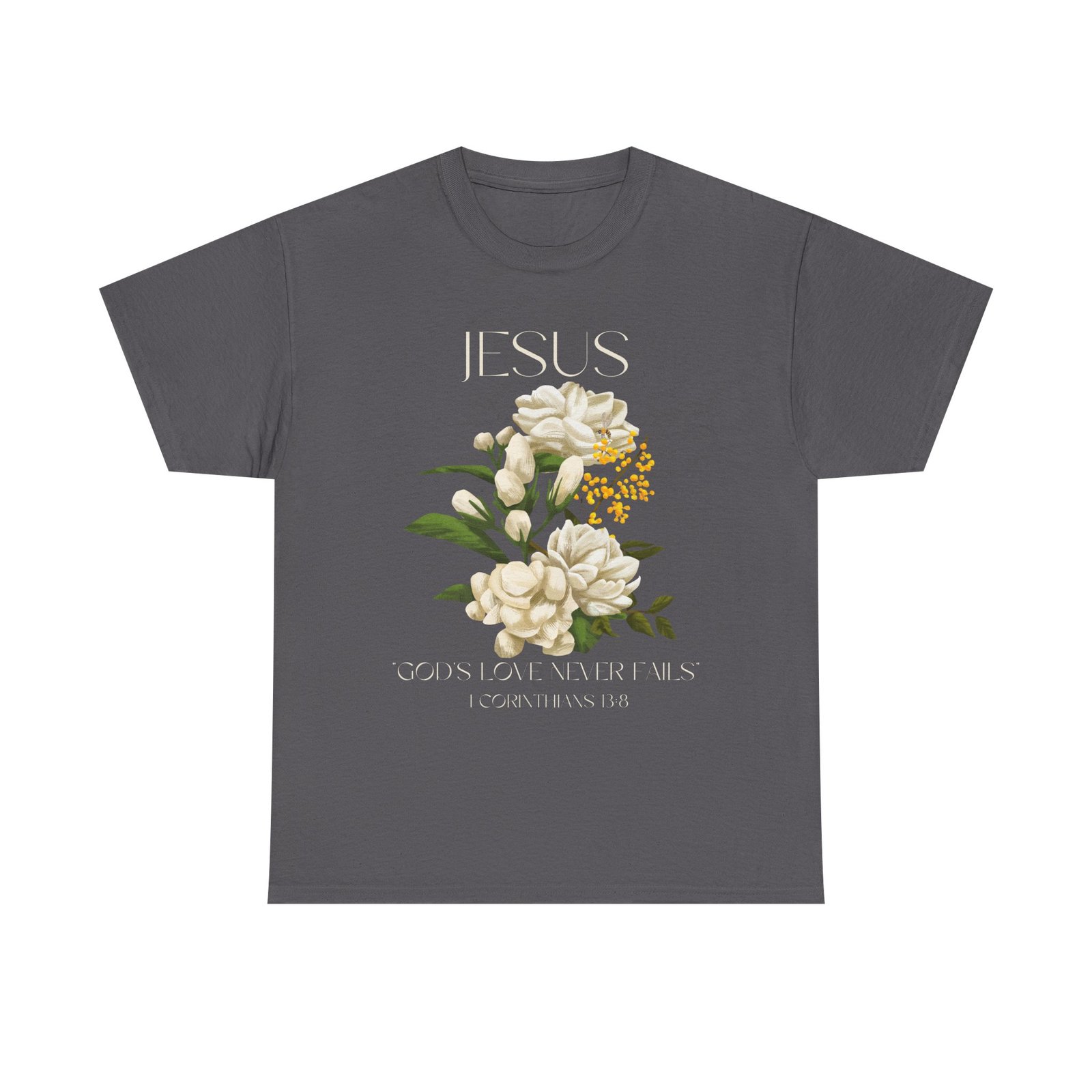 floral jesus god's love never fails graphic tee | unisex cotton t shirt for faith & inspiration, ideal for gifts, casual wear, church events, and celebrations