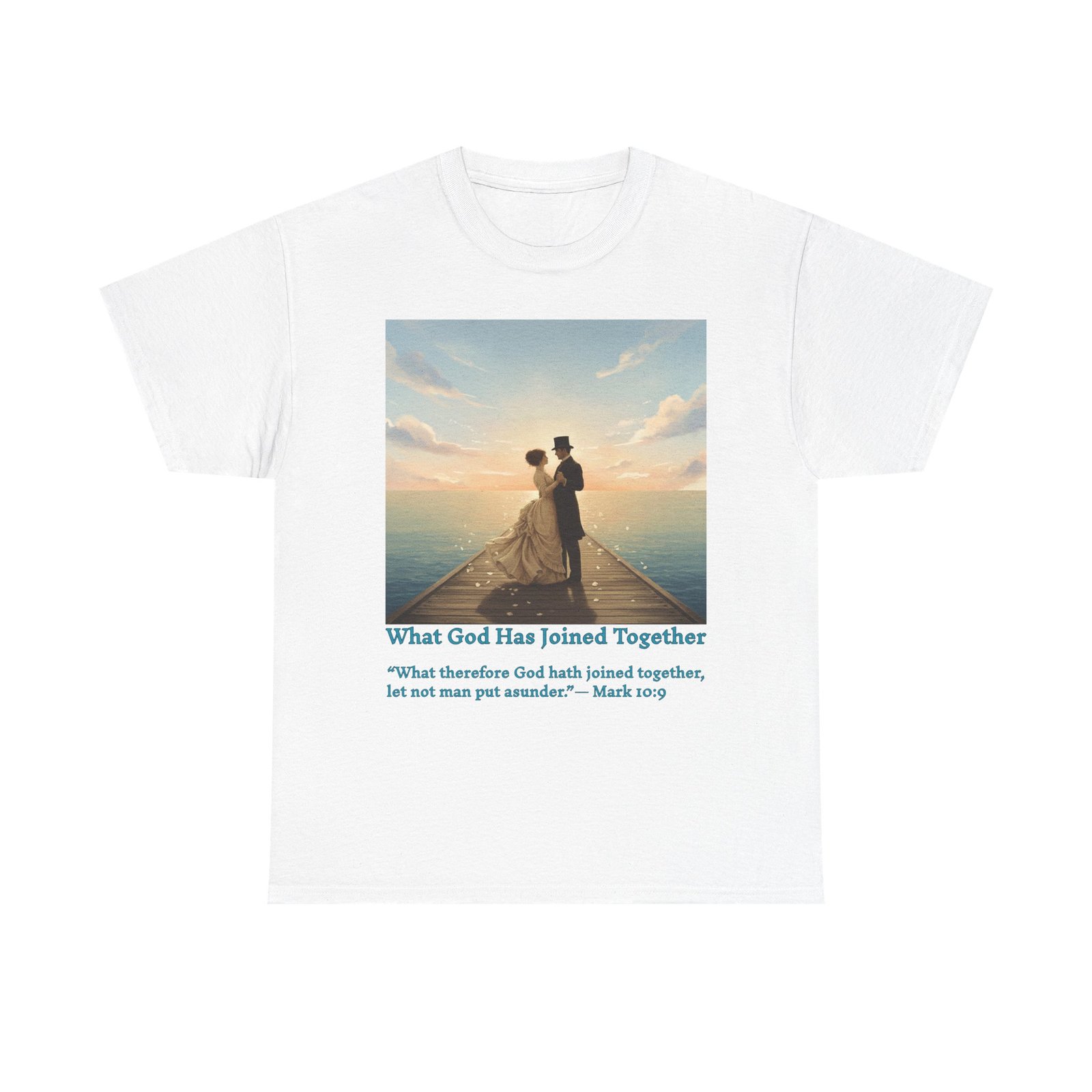 romantic couple on a pier at sunset wedding quote t shirt, unisex heavy cotton tee, casual wear, gift for newlyweds, bride & groom apparel, anniversary gift