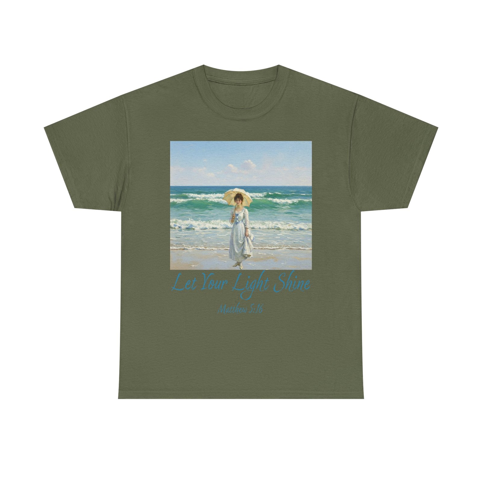 let your light shine christian tee – impressionist style parasol figure, unisex cotton shirt, inspirational beach vibes top, summer casual gift for her