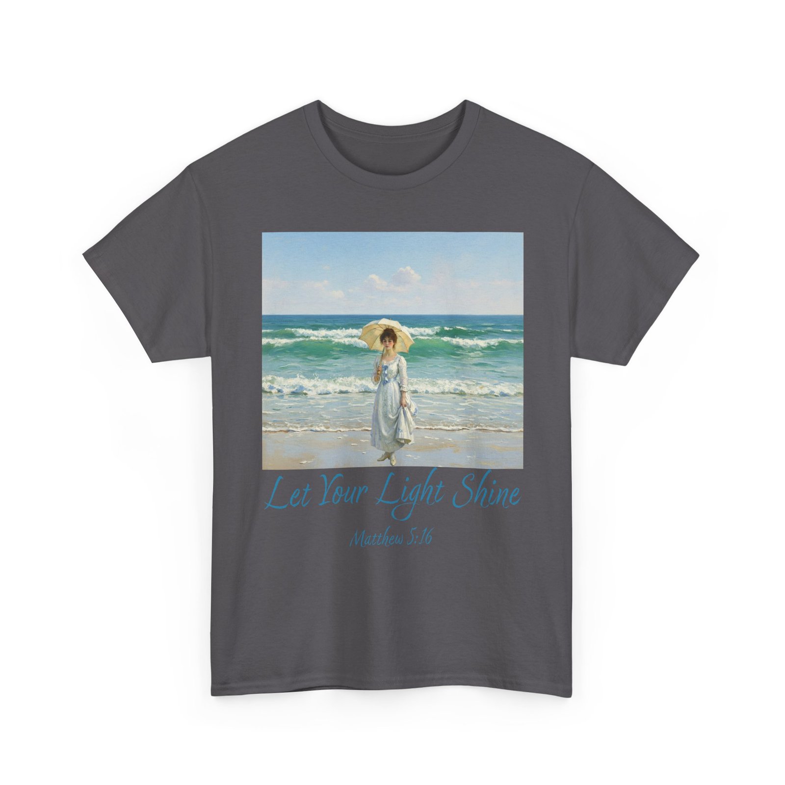 let your light shine christian tee – impressionist style parasol figure, unisex cotton shirt, inspirational beach vibes top, summer casual gift for her