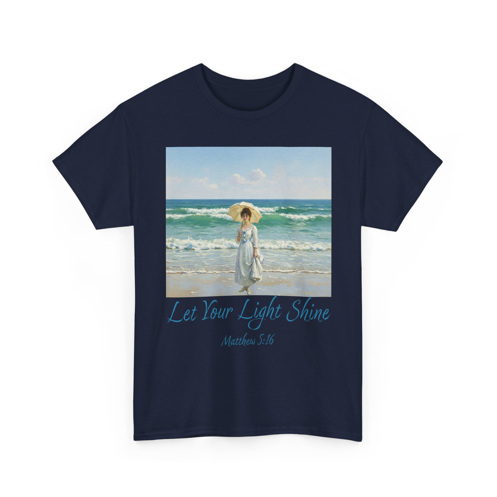 let your light shine christian tee – impressionist style parasol figure, unisex cotton shirt, inspirational beach vibes top, summer casual gift for her