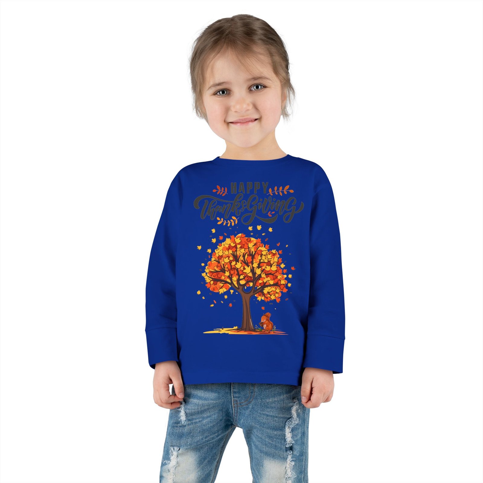 thanksgiving toddler long sleeve tee, cute fall outfit for kids, autumn tree design, holiday apparel, family gathering wear