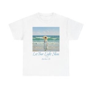 let your light shine christian tee – impressionist style parasol figure, unisex cotton shirt, inspirational beach vibes top, summer casual gift for her