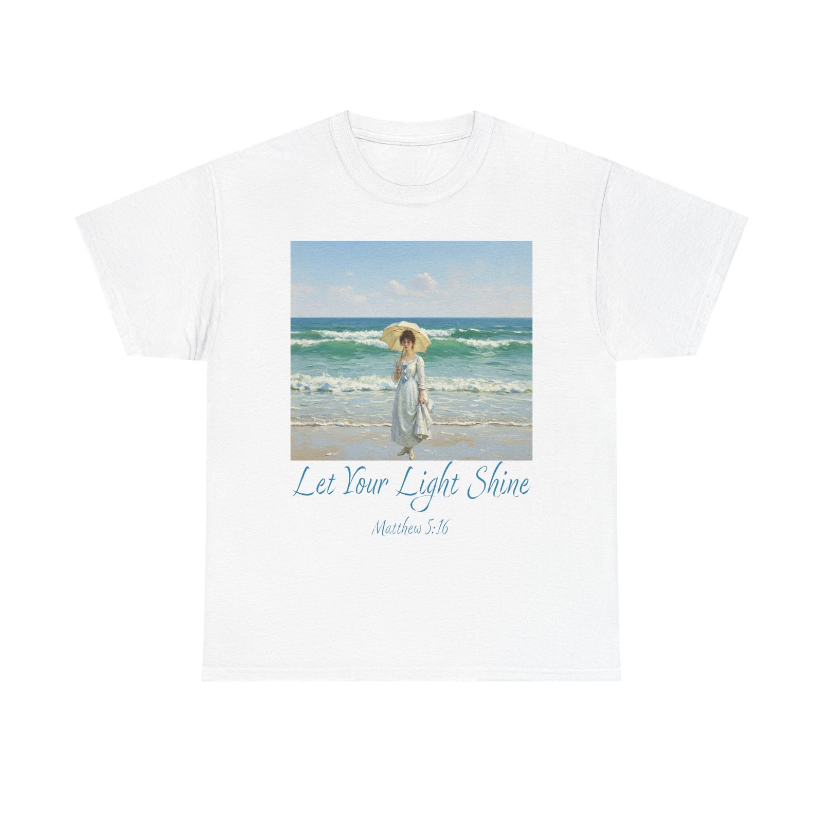 let your light shine christian tee – impressionist style parasol figure, unisex cotton shirt, inspirational beach vibes top, summer casual gift for her