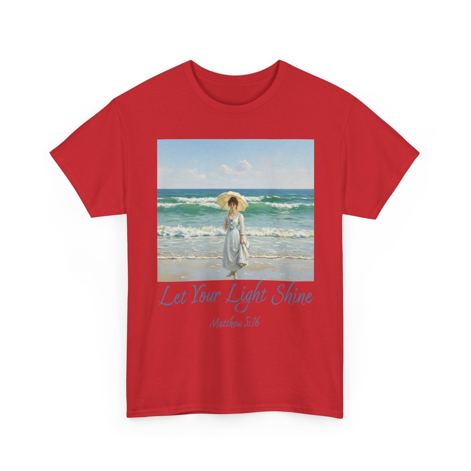 let your light shine christian tee – impressionist style parasol figure, unisex cotton shirt, inspirational beach vibes top, summer casual gift for her