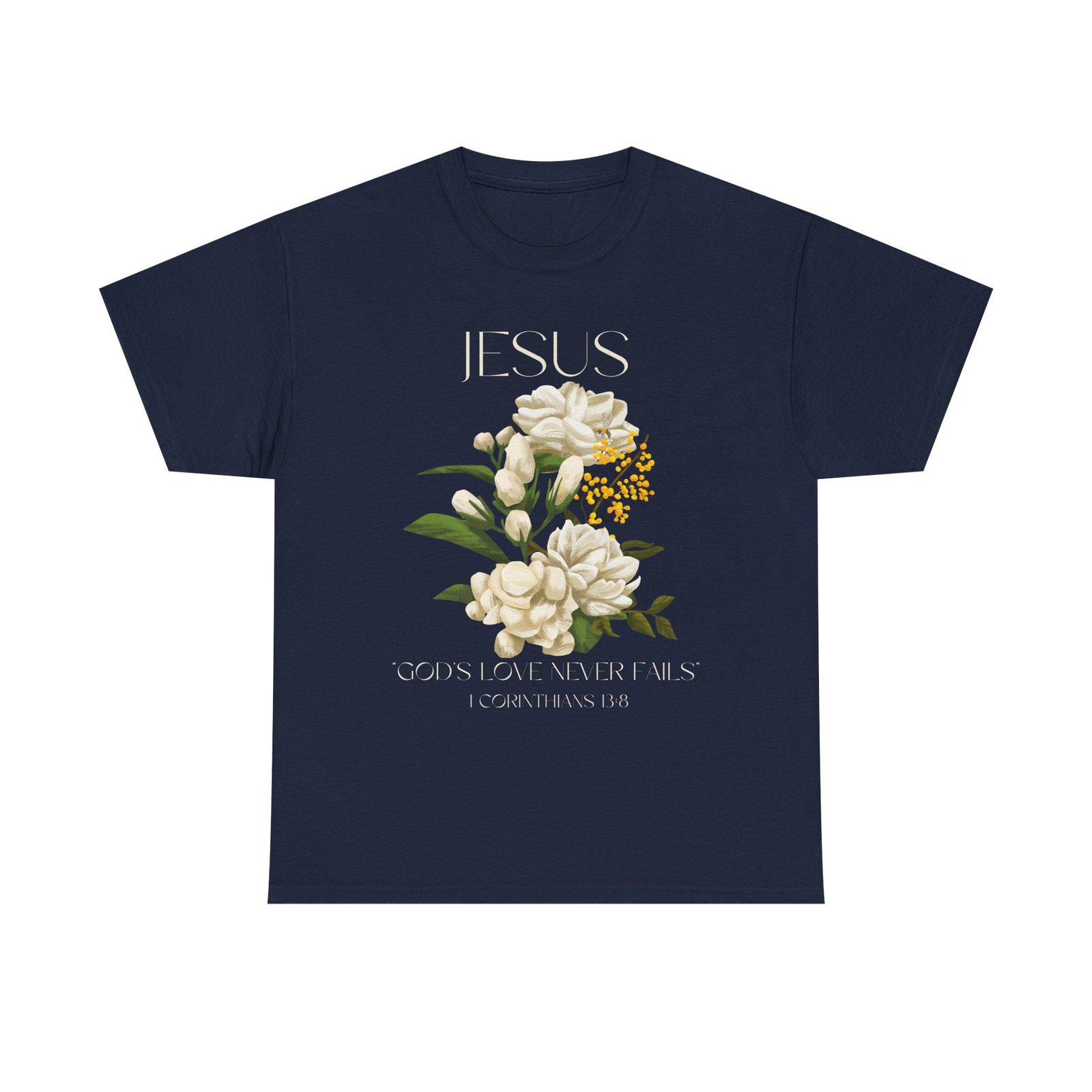 floral jesus god's love never fails graphic tee | unisex cotton t shirt for faith & inspiration, ideal for gifts, casual wear, church events, and celebrations