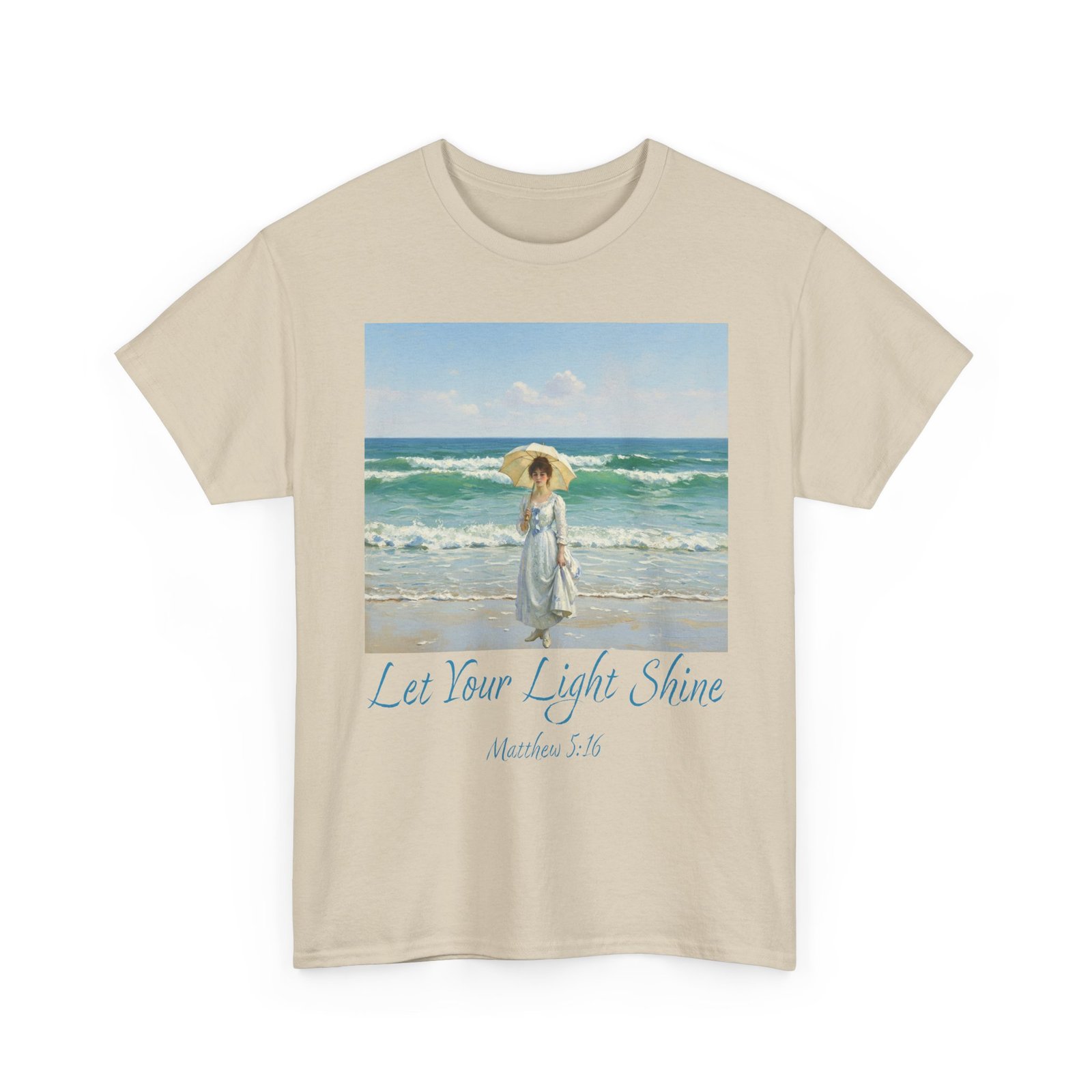 let your light shine christian tee – impressionist style parasol figure, unisex cotton shirt, inspirational beach vibes top, summer casual gift for her