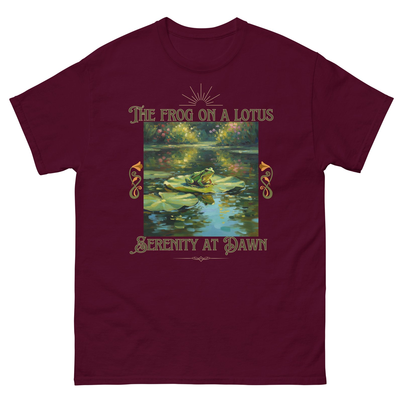 The Frog on a Lotus-Serenity at Dawn T-shirt-Unisex classic tee - Image 3