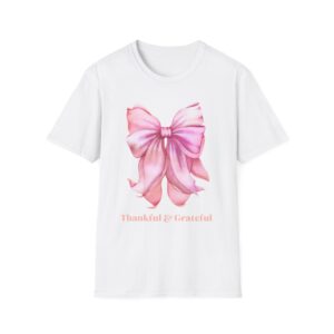 Thankful & Grateful Bow T-Shirt, Unisex Softstyle Tee, Thanksgiving Gift, Fall Apparel, Cute Casual Wear, Gratitude Shirt